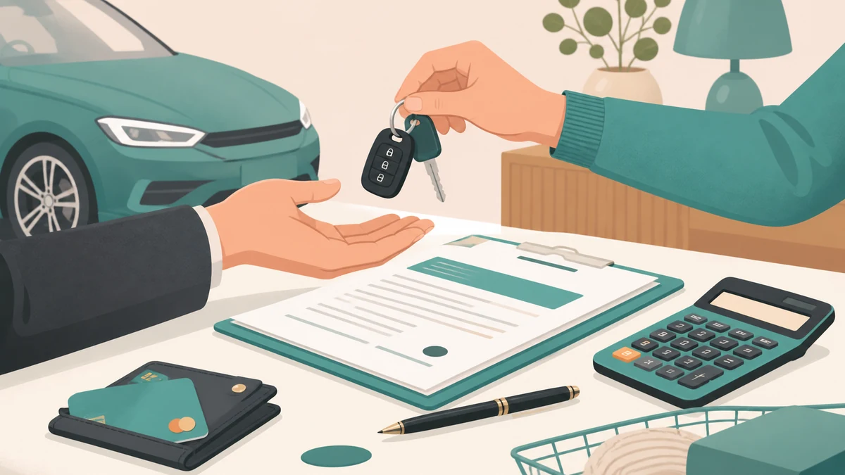 Conseiller présentant un contrat LOA ou LLD à un client devant une voiture neuve en concession